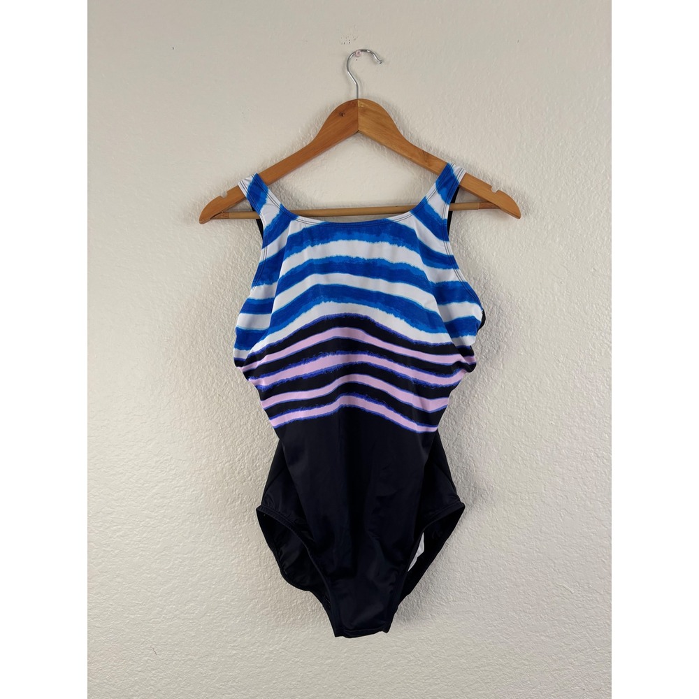 Sonnet Shores Womens One Piece Swimsuit Size 12 Blue Pink Striped Athletic Scoop